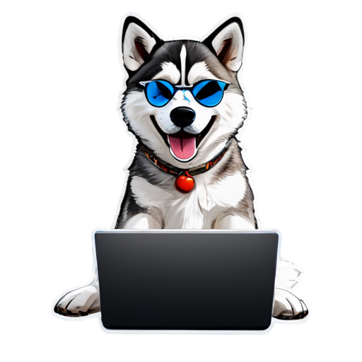 A husky wearing sunglasses is smiling funny and using a laptop - icon | sticker