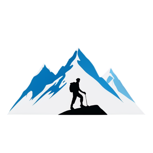 Logo mystical, great mountain peaks shapes in background, himalayan , glacier walley, minimalism, man with backpack hikes up to the mountain top along mountain shape - icon | sticker