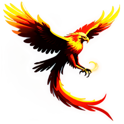 a majestic phoenix soaring from left to right, its wings made of red orange and yellow fiery feathers. The phoenix’s eagle-like beak is opened to an angry scream. reflect the golden light of the setting sun, while its tongue is sticking out, slivering like a snake, its legs are stretched forward and its talons are dangerously clawing. - icon | sticker