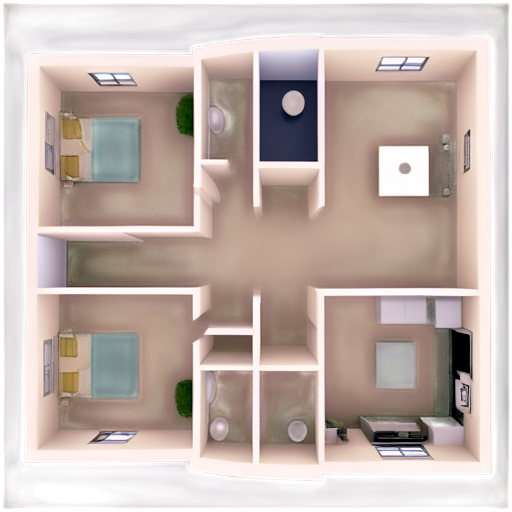 floor plan with various rooms, furnished, modern style, white doors and windows, curtains, pictures, rugs - icon | sticker