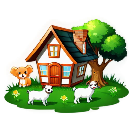 There is a house on the grass and there are animals around. - icon | sticker