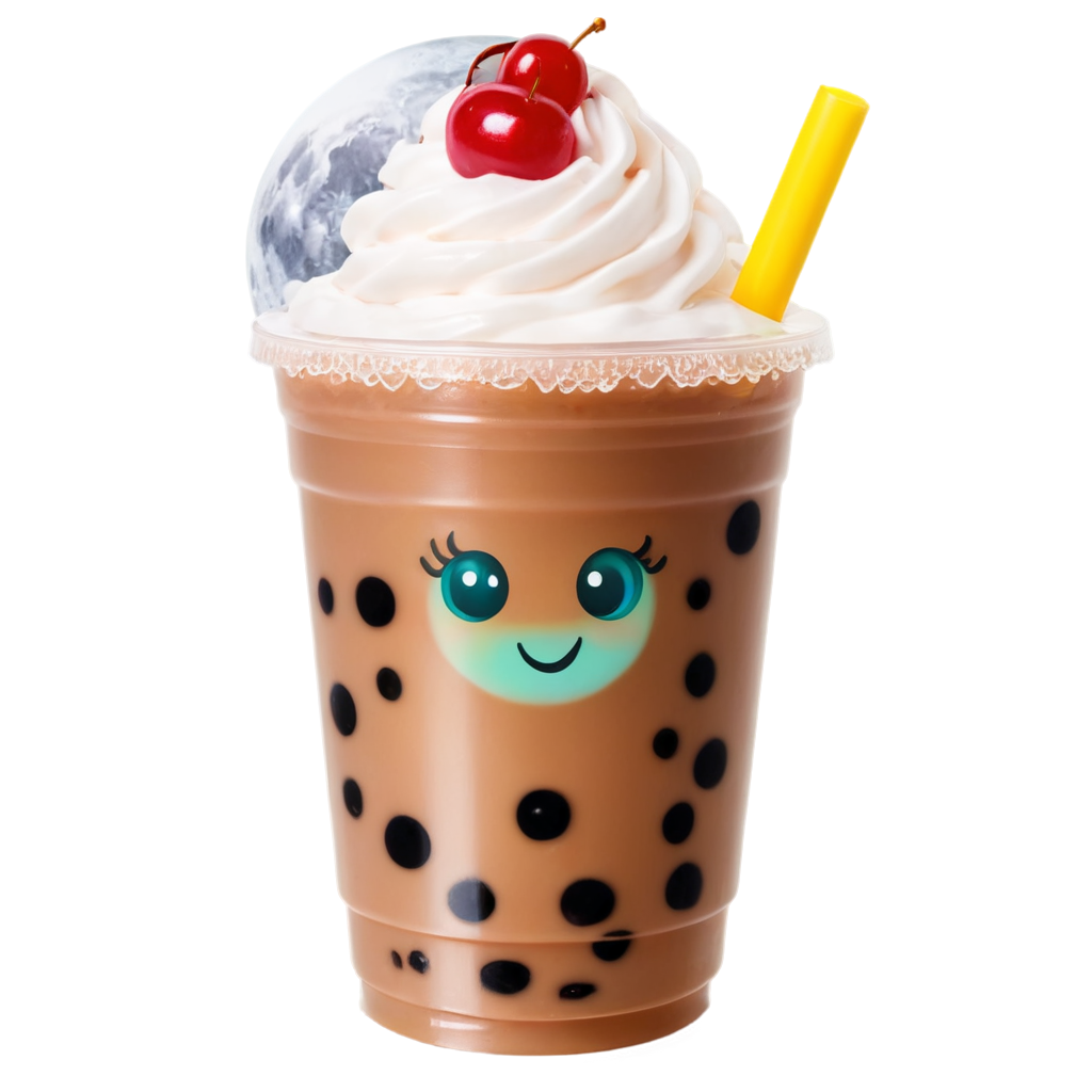 bubble tea,big kawaii anime eyes, blush stickers, cherry, :3, bubble tea, whipped cream on top, blurry, solo, moon, rainbow,glitter on top - icon | sticker