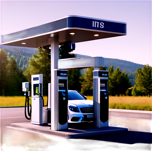 fuel station with self-service terminal with label IBTS and Maybach nearby - icon | sticker