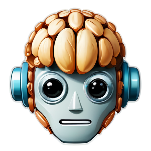 A cute Simon Stålenhag style robot's head, with a top brain made of nuts - icon | sticker