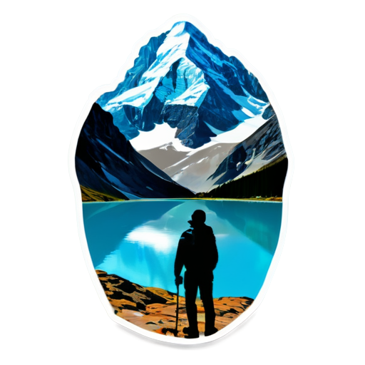 range of great mountain peaks with glaciers in the background. foreground includes a silhouette of a man with a expeditions backpack, he hiking up to the mountain top. Far lower in background seems part of big glacial lake, some distant pine trees over the hills. Use a stylized nonsymmetrical mountain shape around - icon | sticker