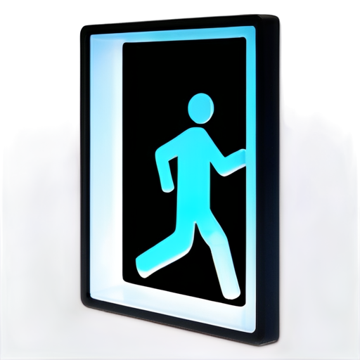 Create an image of a pictogram sign symbolizing an exit or evacuation. On a light background, depict a stylized figure of a person running to the right. The figure should be in a dark color and consist of simple geometric shapes: a round head and angular body with limbs. The person should appear in motion, with arms and legs bent at the elbows and knees, creating a sense of dynamism. Surround the figure with a dark-colored square frame, open on the left side, through which the figure appears to be running out. This sign is often used to indicate an emergency exit. - icon | sticker