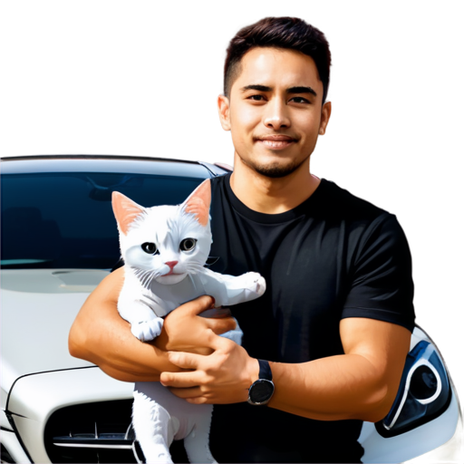 create an icon of a cartoon person holding cats in his arms and a Mercedes behind him - icon | sticker