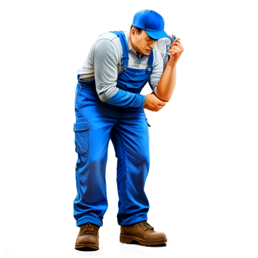 Plumber with an adjustable wrench in the house. Image in blue tones. Realistic - icon | sticker