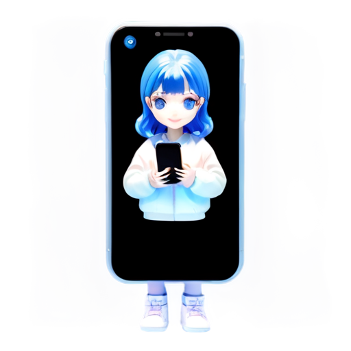 cute girl with blue hair stand and smile while show her phone - icon | sticker