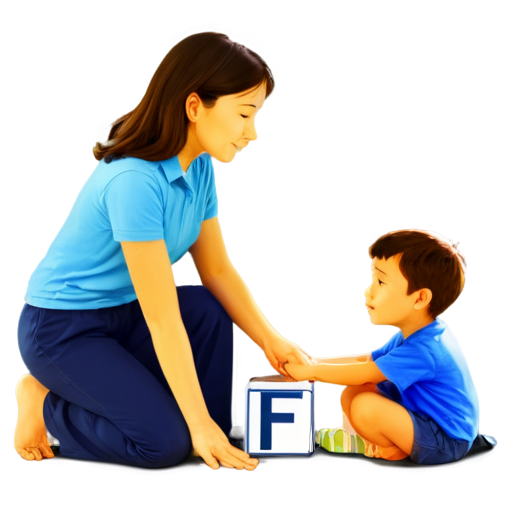 Create a cartoon image, in the style of a children's book illustration, in which two Adults who is the child's parents and a child in a blue jumpsuit is sitting reaching for folded cubes on which the letters " F, A, M, I，L,Y" are painted. The child should be depicted from behind, showing a playful and innocent look. - icon | sticker