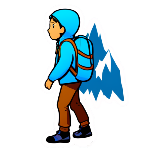 Logo mystical, white background, himalayas shape, glacier walley, minimalism, man with backpack hikes up to the mountain top - icon | sticker