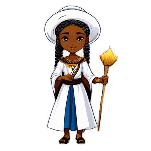 African witch Obaifo in traditional African costume, black and white medieval minimalist illustration, without background - icon | sticker