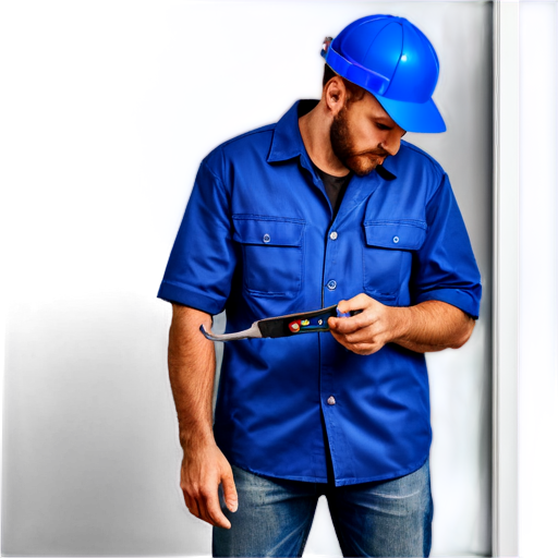 Plumber with an adjustable wrench in the house. Image in blue tones. Realistic - icon | sticker