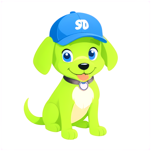 Happy blue and green dog with a cap with the inscription "————-" - icon | sticker