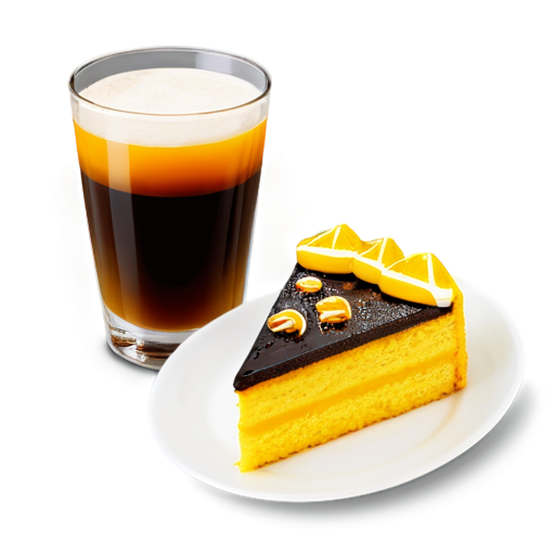 cake on a plate and coffee in a glass next to the plate in yellow-orange colors - icon | sticker