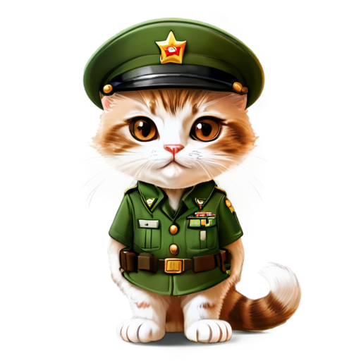 Angry kitten with brown eyes hands on hips in army generals uniform and hat with generals star cartoon - icon | sticker