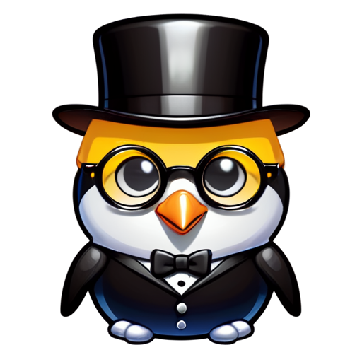 An adult daring penguin psychologist, male, in round glasses, in black and white colors with elements of yellow on the abdomen, in a top hat, in the style of vector graphics - icon | sticker