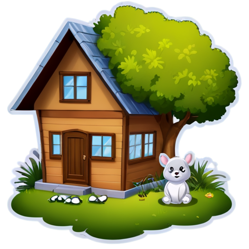 There is a house on the grass and there are animals around. - icon | sticker