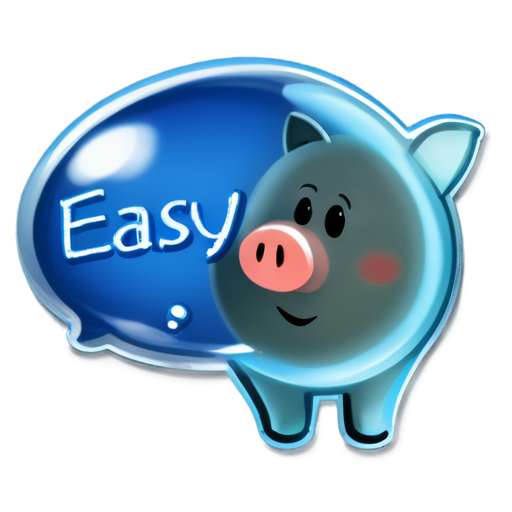 A piggy bank popped up with a bubble containing the English word 'easy' - icon | sticker