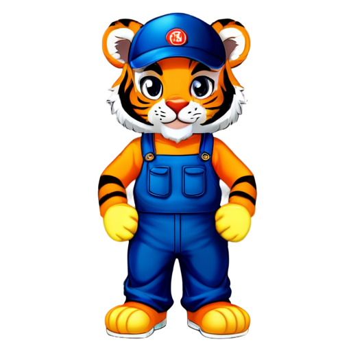 The mascot of the Two Floors construction company is a tiger in a construction helmet and construction overalls. Humanized and muscular! The helmet on the tiger is orange. - icon | sticker