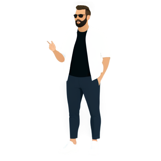 3d illustration of a man with a beard teasing and flirting, the man should wear clothes such as, black kosuha, white shirt, black trousers, white trainers - icon | sticker