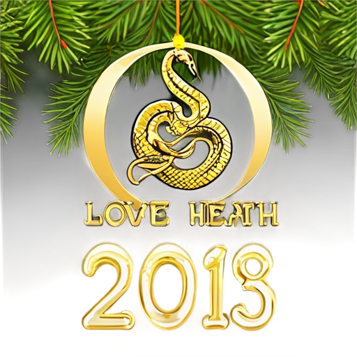 the inscription in gold letters "Love, health, prosperity!" against the background of a New Year tree and the symbol of the year - the snake - icon | sticker