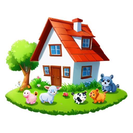 There is a house on the grass and there are animals around. - icon | sticker