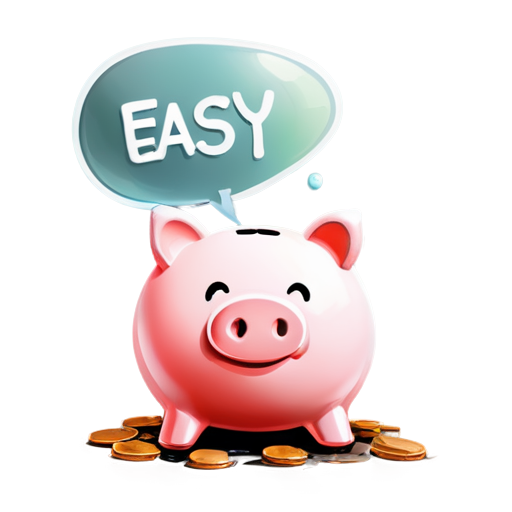 A bubble popped out of a piggy bank, containing the English word 'easy' and gold coins on the ground - icon | sticker