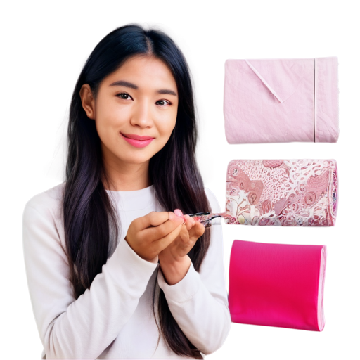 Icon on a pink background. A girl designer with fabric in her hands is drawn. - icon | sticker