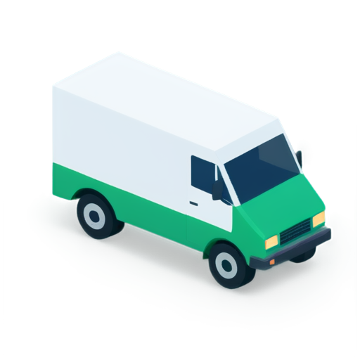 Create a minimalistic isometric icon of a delivery truck. The truck should have a modern design with smooth lines and a friendly appearance. Use a deep green color palette to match the overall aesthetic of the product card. The background should be simple and unobtrusive. - icon | sticker