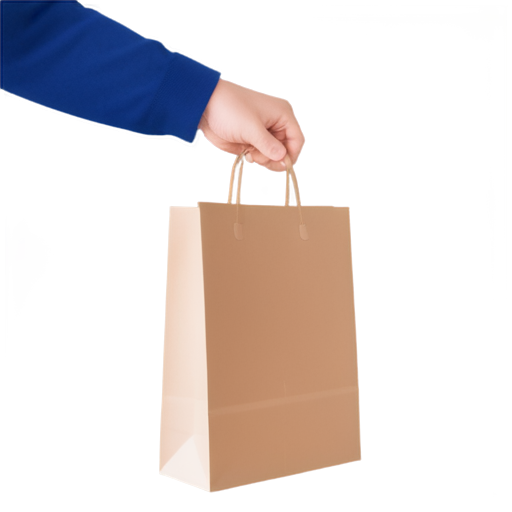 a man's hand holds a paper bag by the handles, in blue colors on a white background - icon | sticker