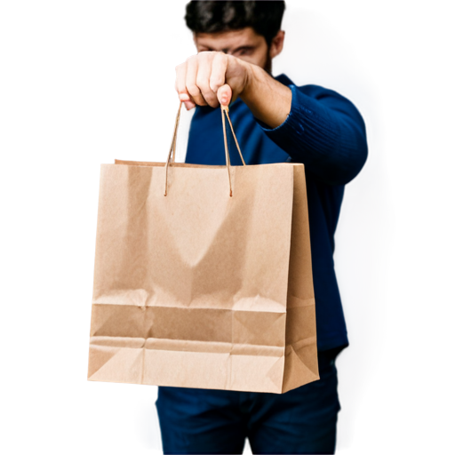 a man's hand holds a paper bag by the handles, on a white background - icon | sticker