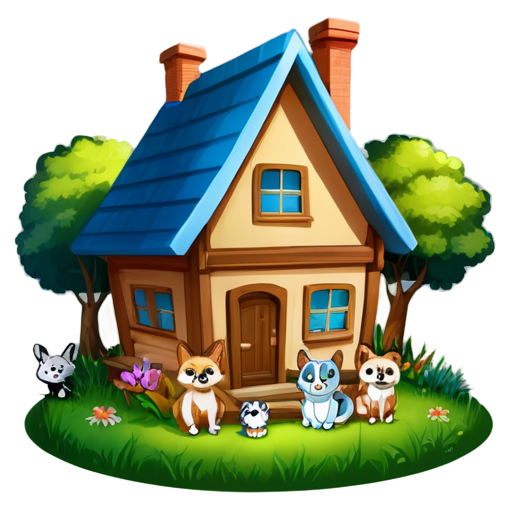 There is a house on the grass and there are animals around. - icon | sticker