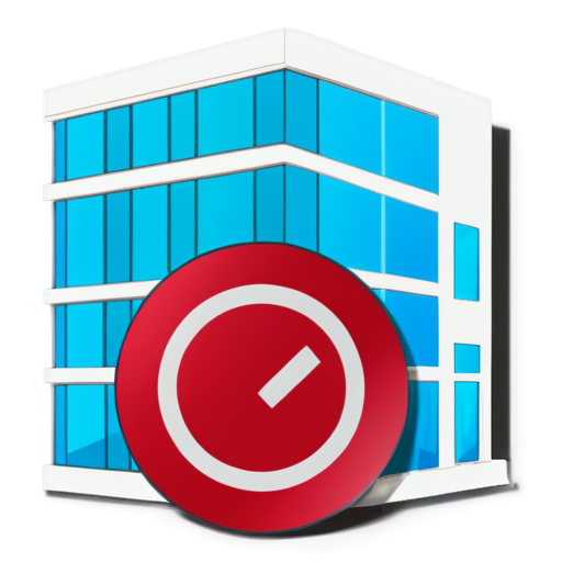 OFFICE BUILDING with a crossed out RED CIRCLE, refusal - icon | sticker