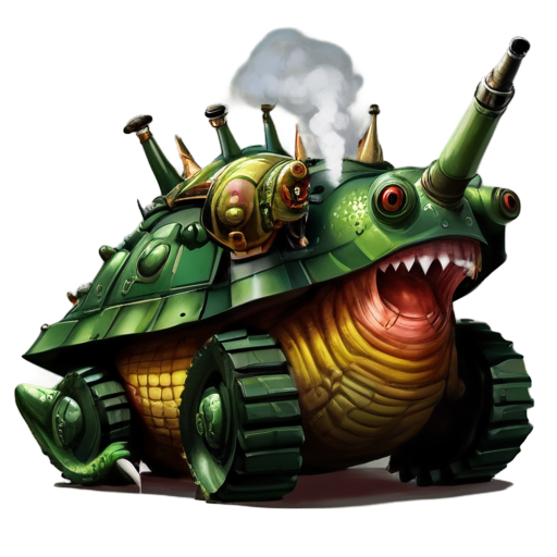 Hybrid: Snail, shell, tank, guns, toadstools, smoke, crocodile, dinosaur, demon, nurgle warhammer, warhammer, fantasy. 2d, anime style, realism, high detail, high definition, high resolution, high rendering, watercolor, markers, gouache, oil paints, ink, colored pencils, pastel - icon | sticker