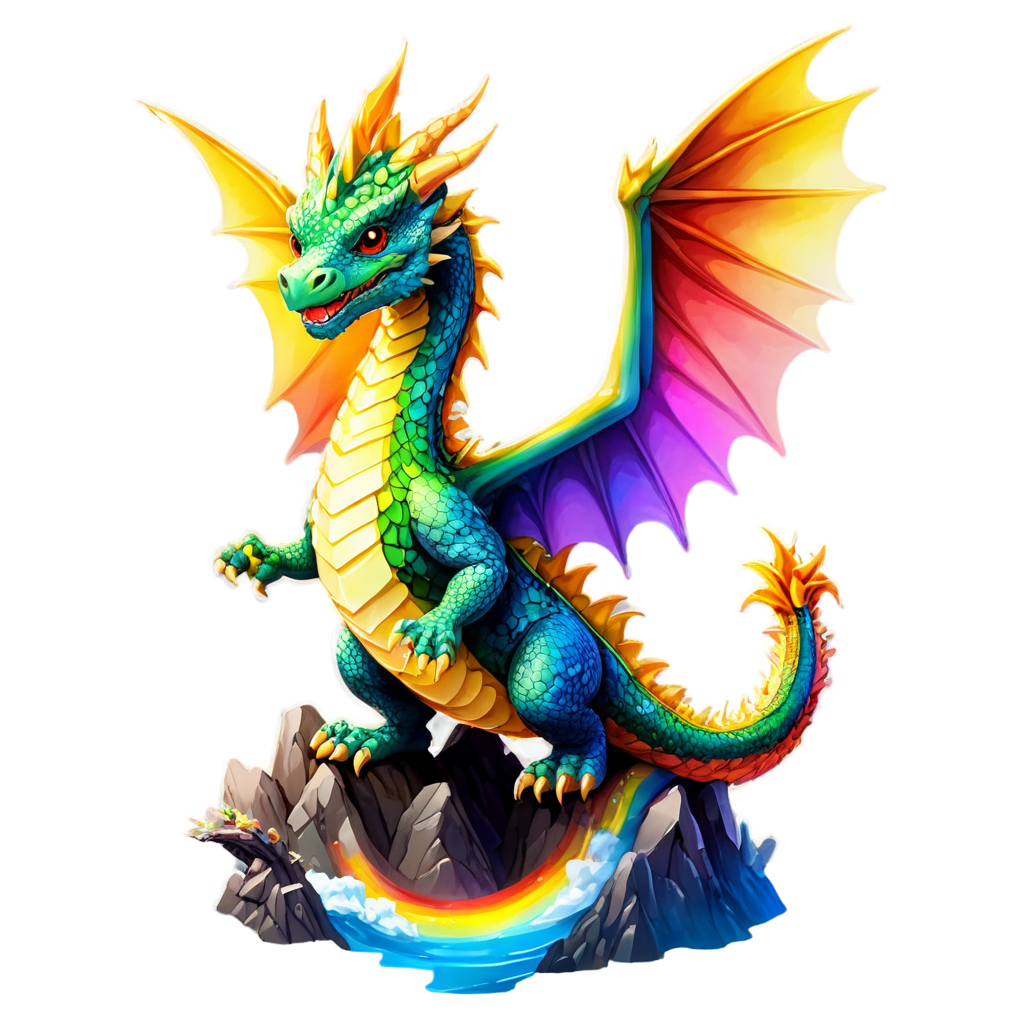 a majestic dragon soaring over a mountainous landscape, its wings made of transparent, glass-like material that refracts sunlight into a dazzling array of rainbow colors. The dragon’s shimmering scales reflect the golden light of the setting sun, while its enormous glass wings throw vibrant, multicolored shadows on the mountains below - icon | sticker