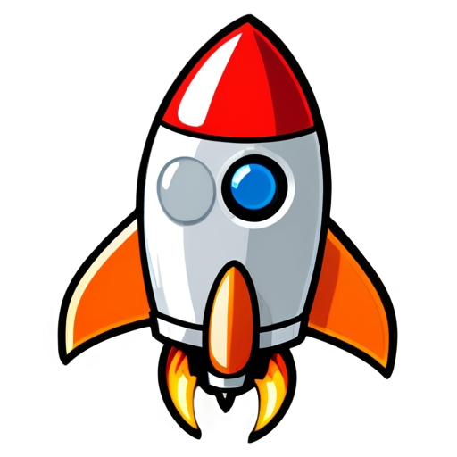 a small space rocket with a bright red body and orange wings and one large round porthole , 8 bit style - icon | sticker