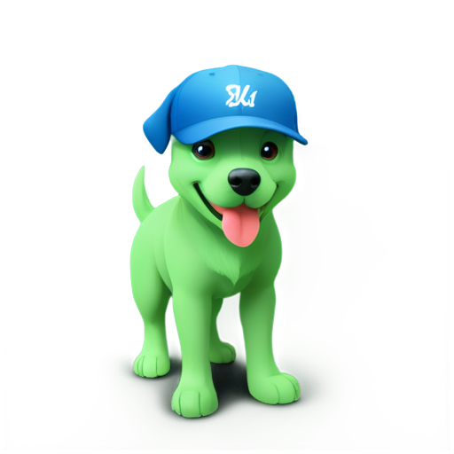 Happy blue and green dog with a cap with the inscription "————-" - icon | sticker