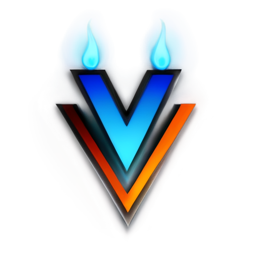 A sleek and modern 'V' shape design with a futuristic and high-tech aesthetic, combined with the visual elements of candlestick charts (K-line) in trading. The 'V' is illuminated with neon blue and white glowing lights, with candlestick patterns integrated into the arms of the 'V'. Surrounding the 'V' are dynamic fiery effects with bright orange and red flames. The background should resemble a financial trading dashboard with a dark gradient, enhancing the contrast of the glowing 'V', candlestick patterns, and fire. The overall design should be minimalist, visually striking, and emphasize technology, financial dynamics, and energy - icon | sticker