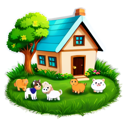 There is a house on the grass and there are animals around. - icon | sticker