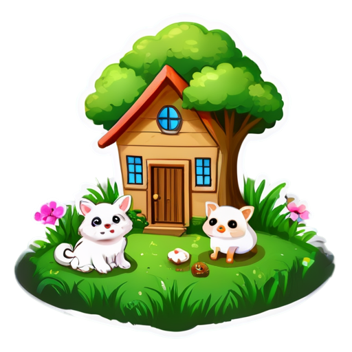 There is a house on the grass and there are animals around. - icon | sticker