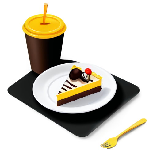 coffee to go and cake on a plate in yellow-orange colors - icon | sticker