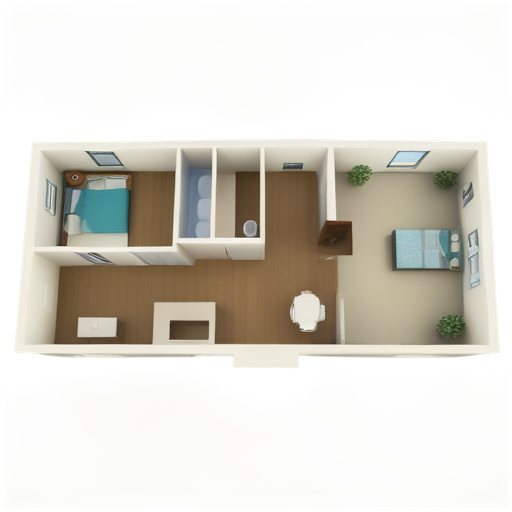 floor plan showing apartment with 5 rooms, a balcony with a swinging hammock, a living room with people chatting on the sofa, an office with a person working, a bedroom with a person lying in bed, a kitchen with a person cooking - icon | sticker