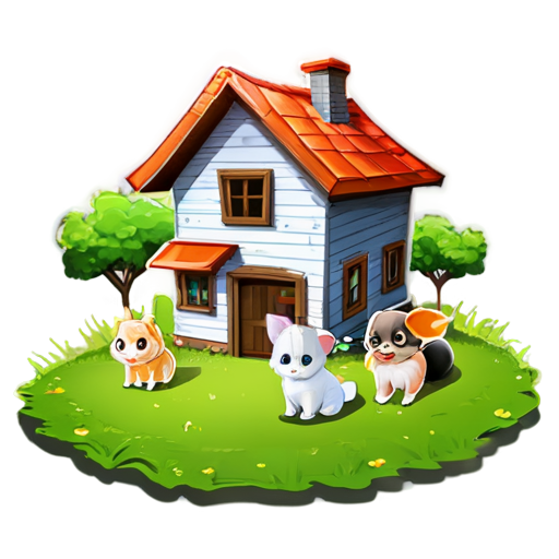 There is a house on the grass and there are animals around. - icon | sticker