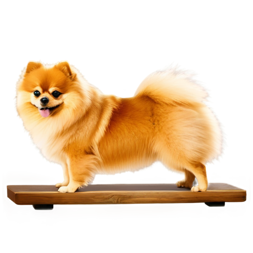 beautiful pomeranian dog on fitness plank from side, golden pomeranian spitz, no humans, no lineart, dark plank, simple background - icon | sticker