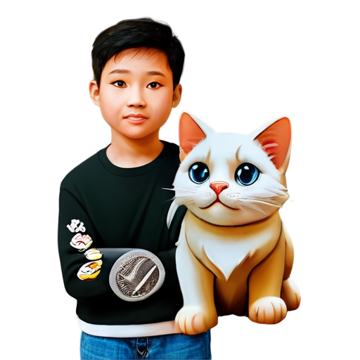 create an icon of a 3d cartoon character holding cats in his arms and a Mercedes behind him - icon | sticker