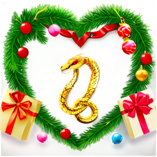 in the background is a New Year tree with gifts. in the foreground is a golden snake in the shape of a heart. the inscription "Health, love, prosperity" - icon | sticker