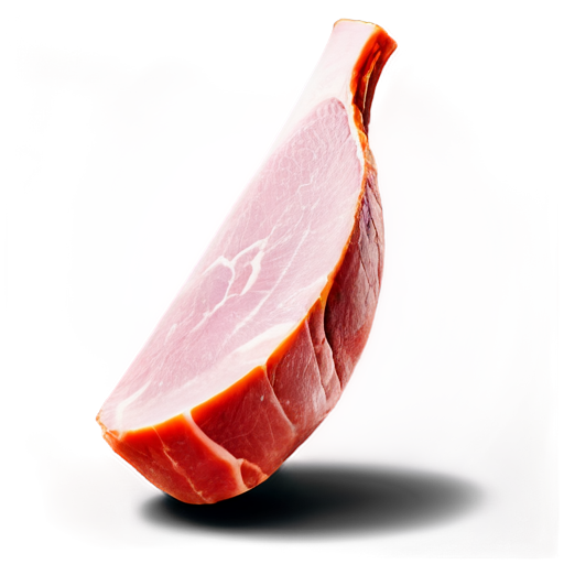 Create a black and white illustration of a ham leg, designed in a simple and minimalist cartoon style. The ham should be depicted with clean lines and a focus on clarity, making it suitable for use as a logo. Include the shape of the leg, the cut portion of the meat with some subtle interior details, and a knotted string at the top of the ham to give it a rustic, traditional feel. Ensure the design is bold and easy to recognize in black and white - icon | sticker