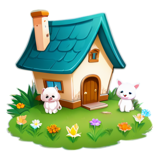 There is a house on the grass and there are animals around. - icon | sticker