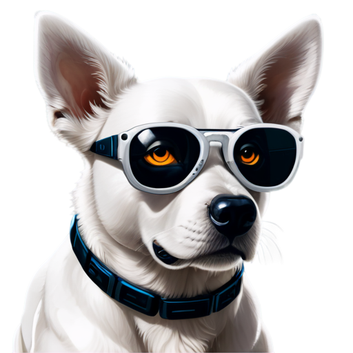 AI robot white dog head with tech-inspired glasses, cute, cartoon,cool，Cyberpunk，robotic - icon | sticker